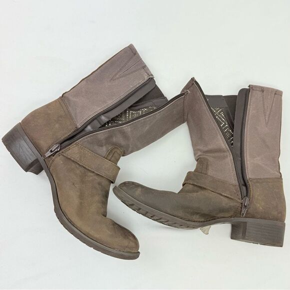 Hush Puppies Lola Brown Leather Canvas Buckle Side Zip Entry Mid Calf Boots - Picture 12 of 16